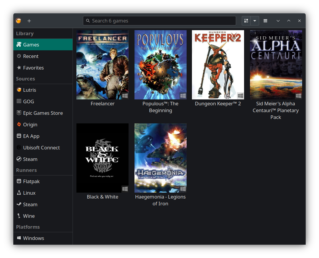 A screenshot of the open-source game manager Lutris. The app is open on the library screen, and shows the box art for six games: Freelancer, Populous, Dungeon Keeper 2, Alpha Centauri, Black & White, and Haegemonia.