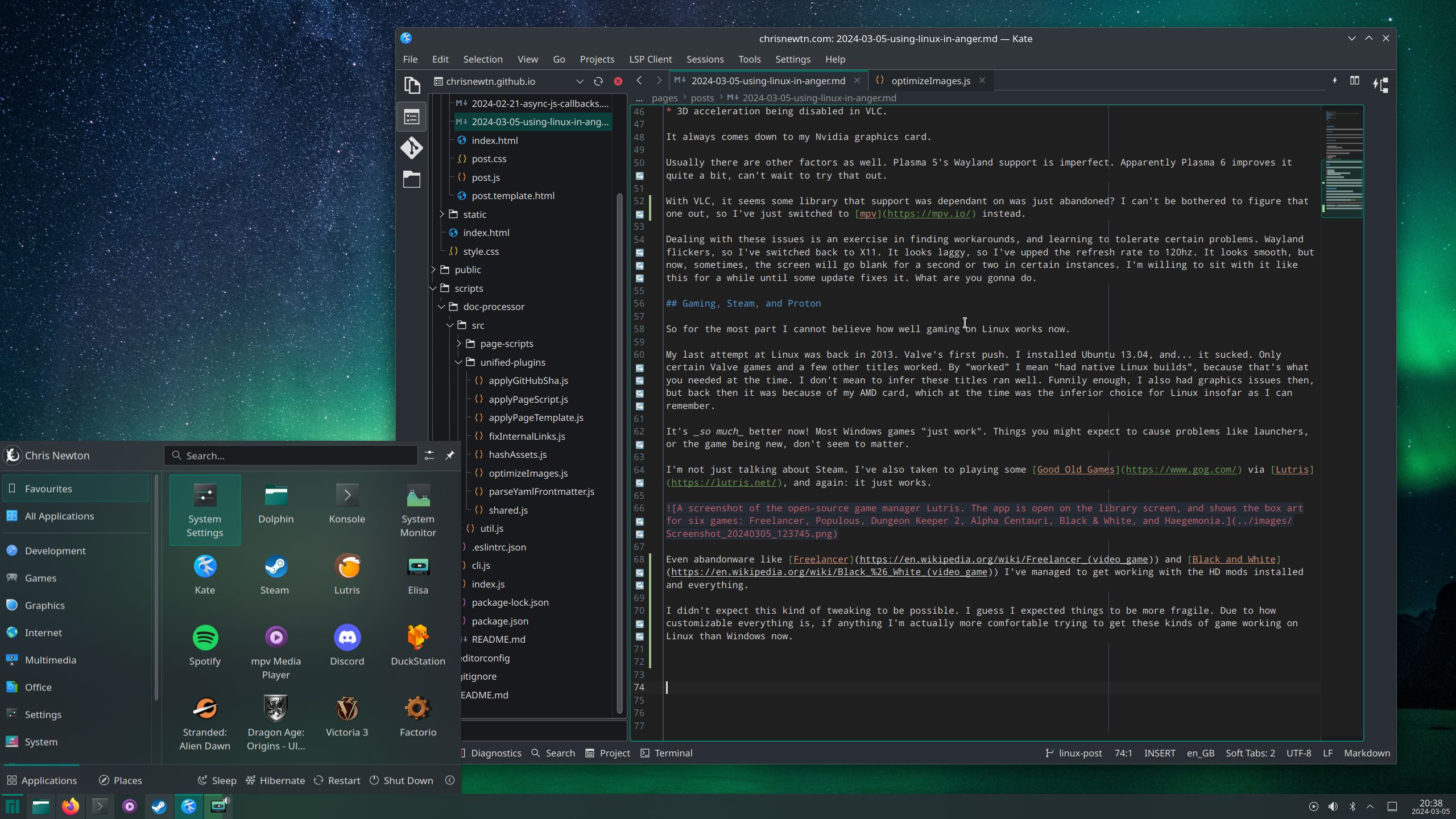 A screenshot of my KDE Plasma desktop. The text editor Kate is open on the Markdown file of this article. Also open is the Application Launcher, which is similar to Windows' Start Menu.